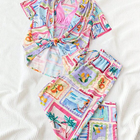 Multicolor Boho Women's Tropical Print Shirt & Pants Set - Picture 6 of 6